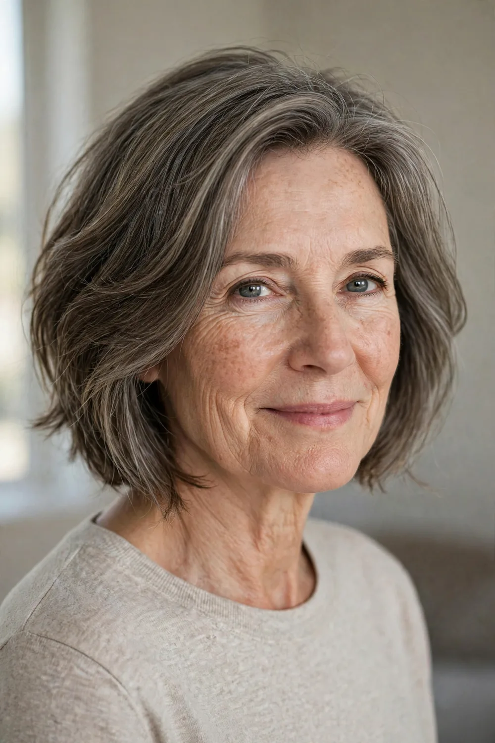 Wash and go air-dried angled bob on a woman over 50
