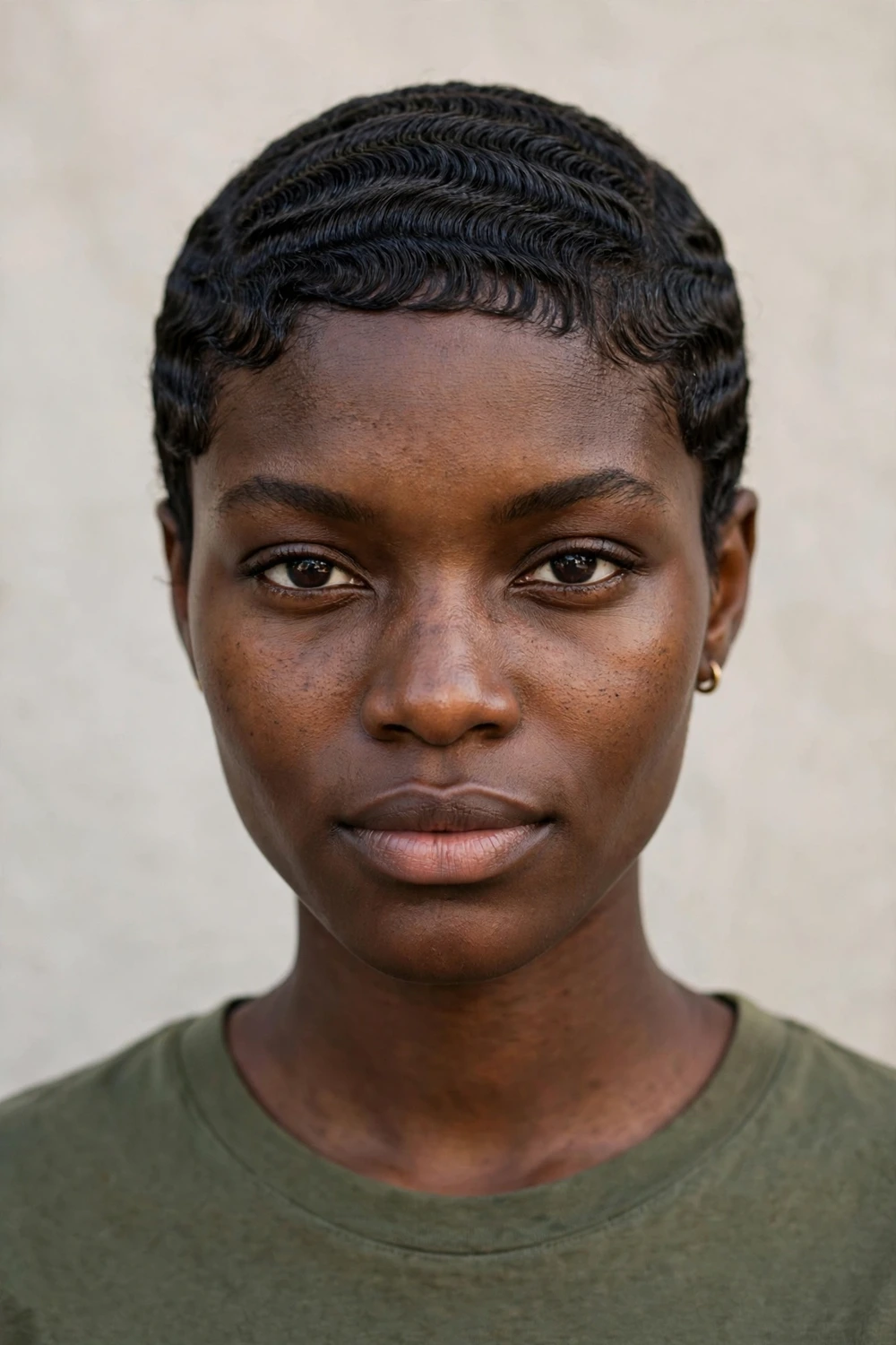 Black woman with 360 waves rippling around her low cut