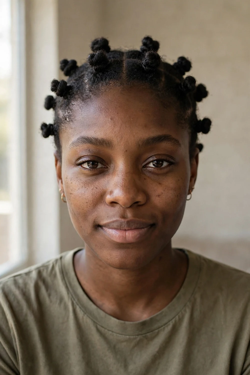 Black woman with neat bantu knots arranged across her 4A natural hair