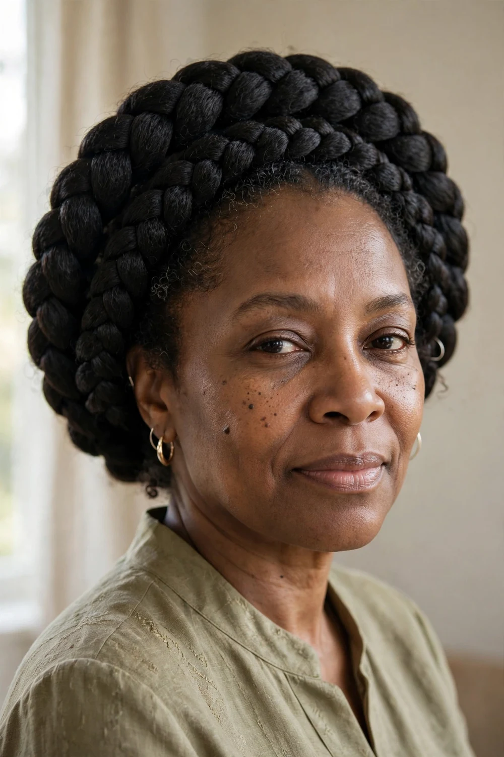 Black woman with an elegant braided crown on 4A natural hair