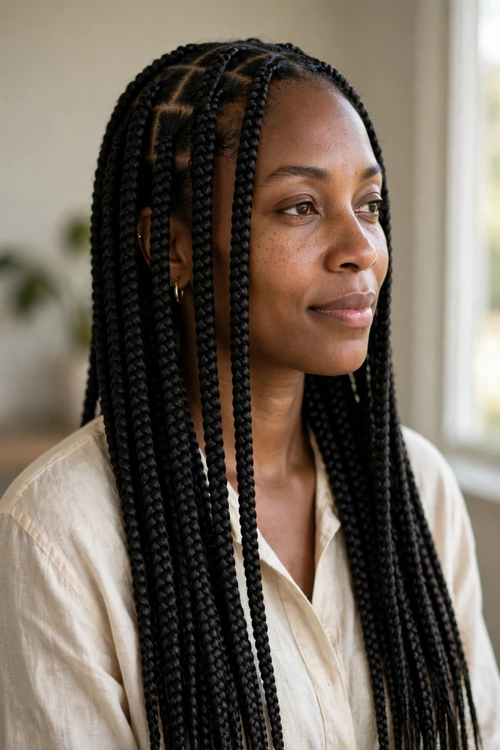Black woman with long classic box braids