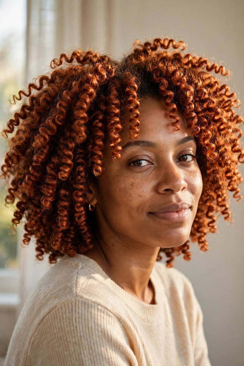 Black woman with copper-dyed 4A coils