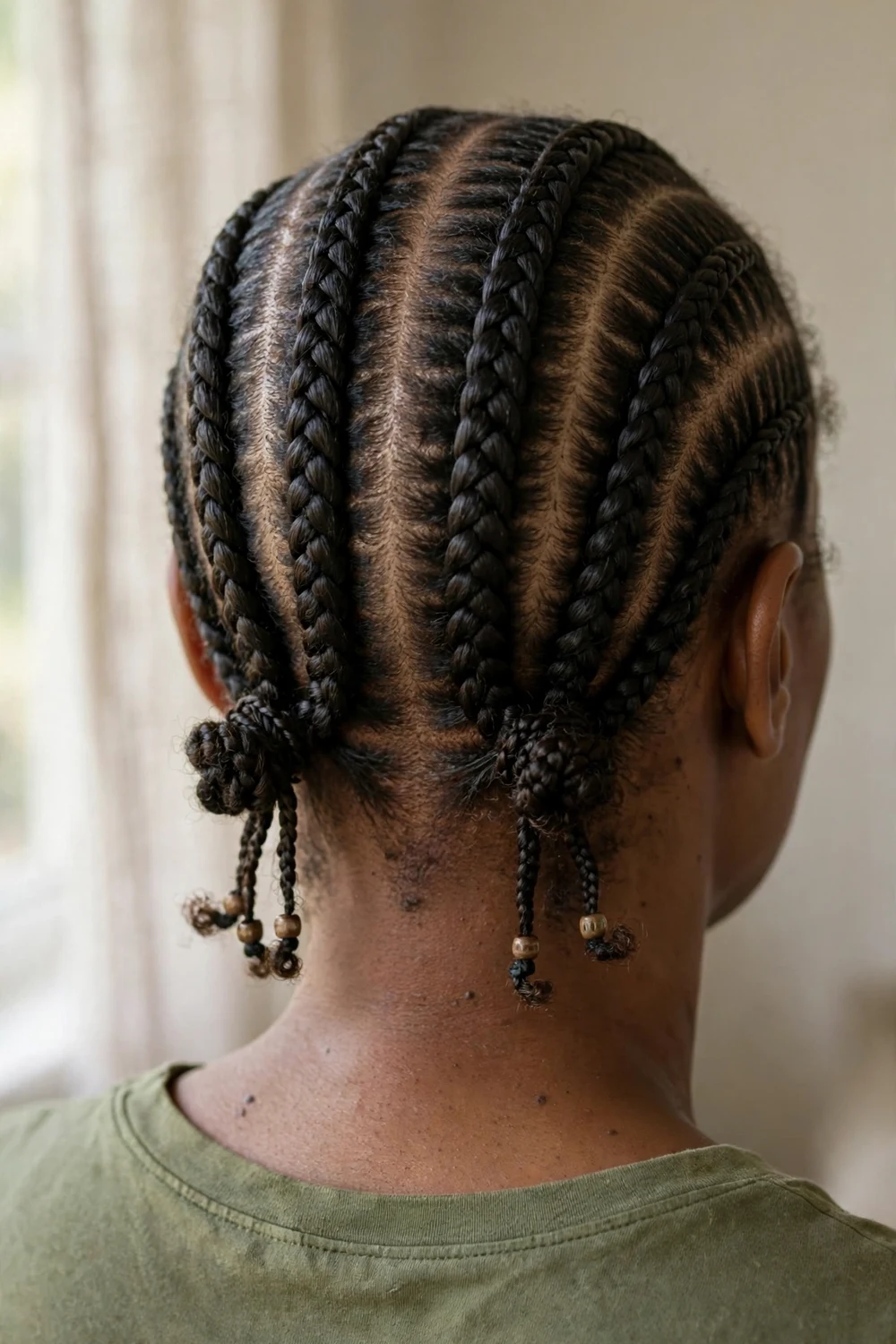 Black woman with 4A cornrows leading into small twisted buns