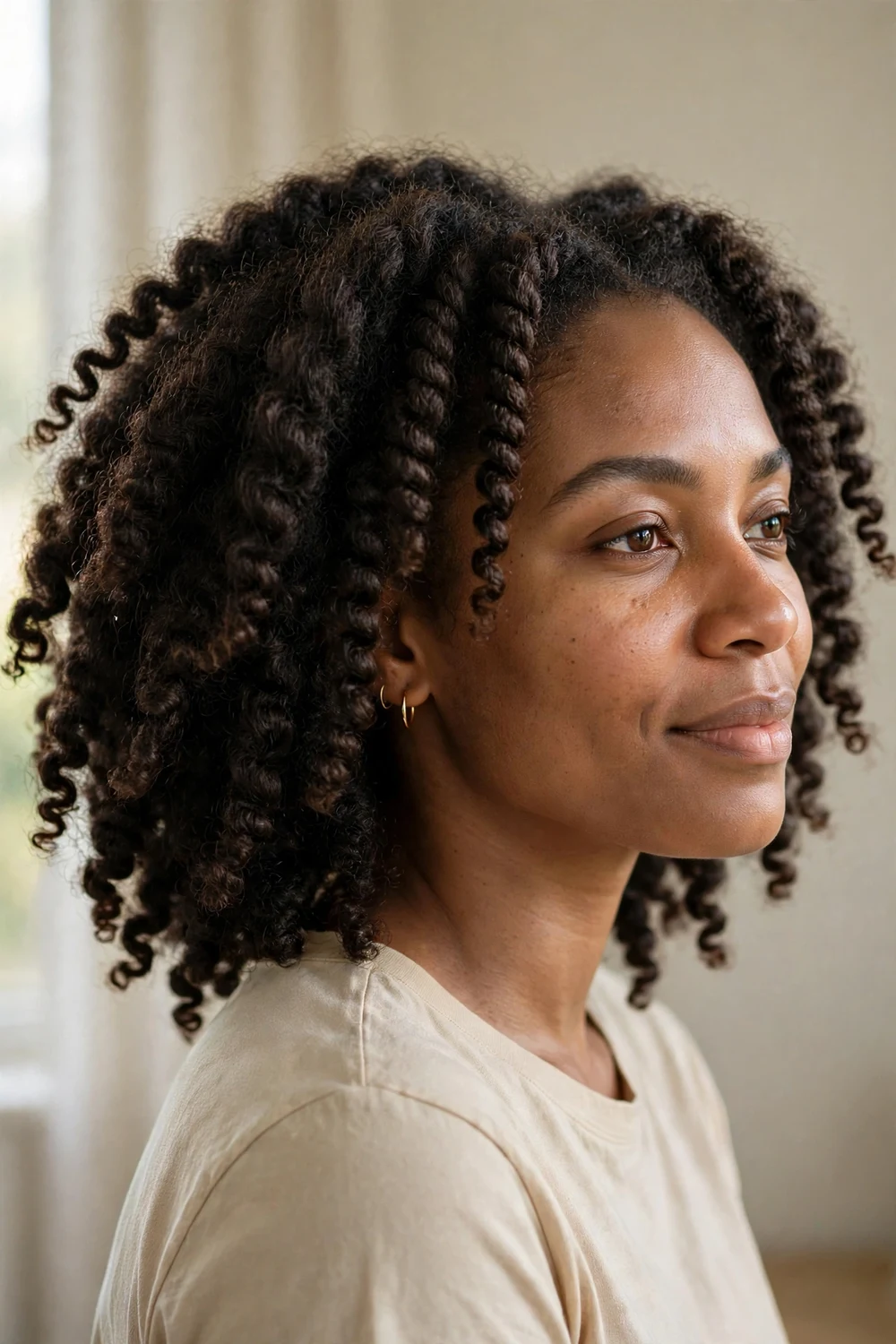Black woman with a defined 4A twist-out showing big bouncy separated coils