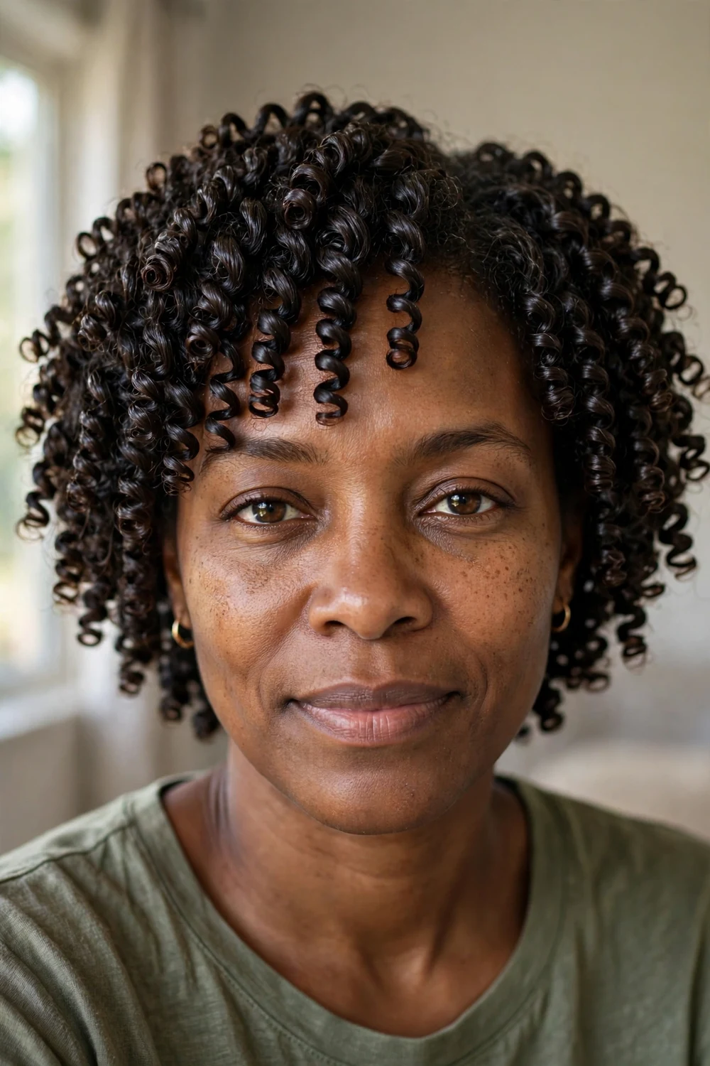 Black woman with tight glossy finger coils on short 4A natural hair
