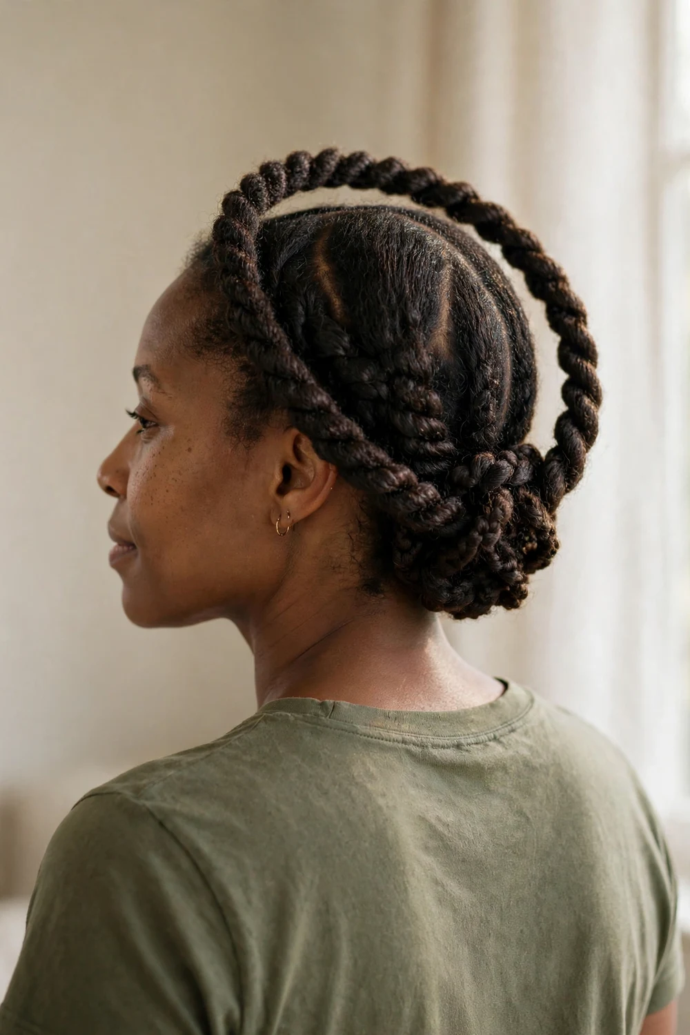 Black woman with a flat-twist halo updo on 4A natural hair
