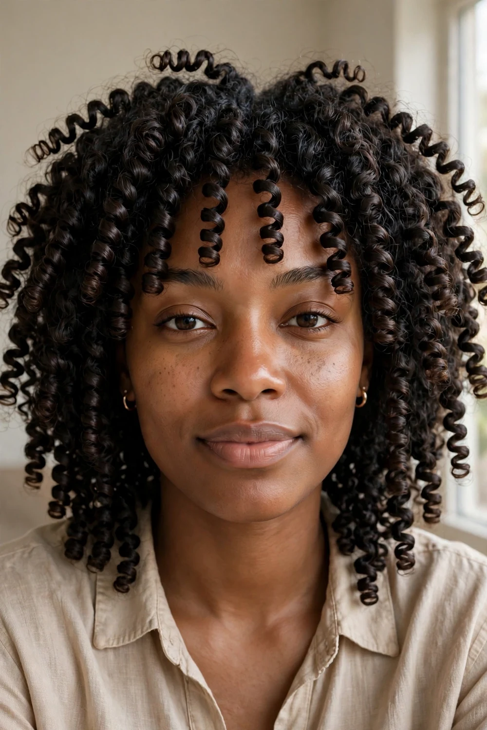 Black woman with bouncy flexi-rod spiral curls on 4A hair