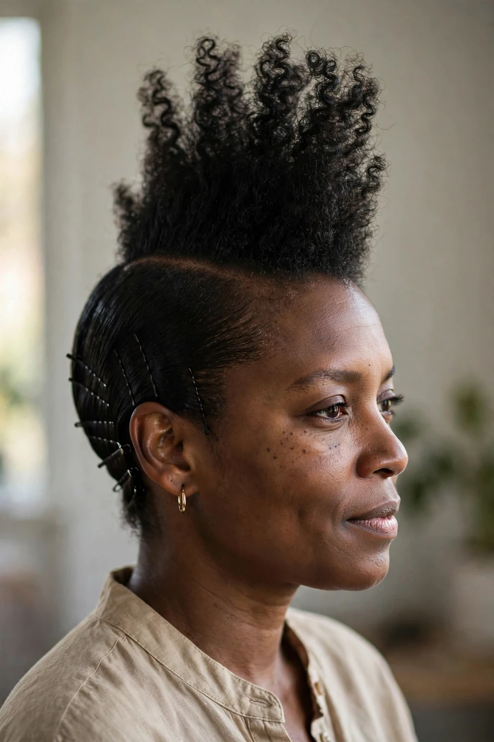 Black woman with a 4A frohawk mohawk style