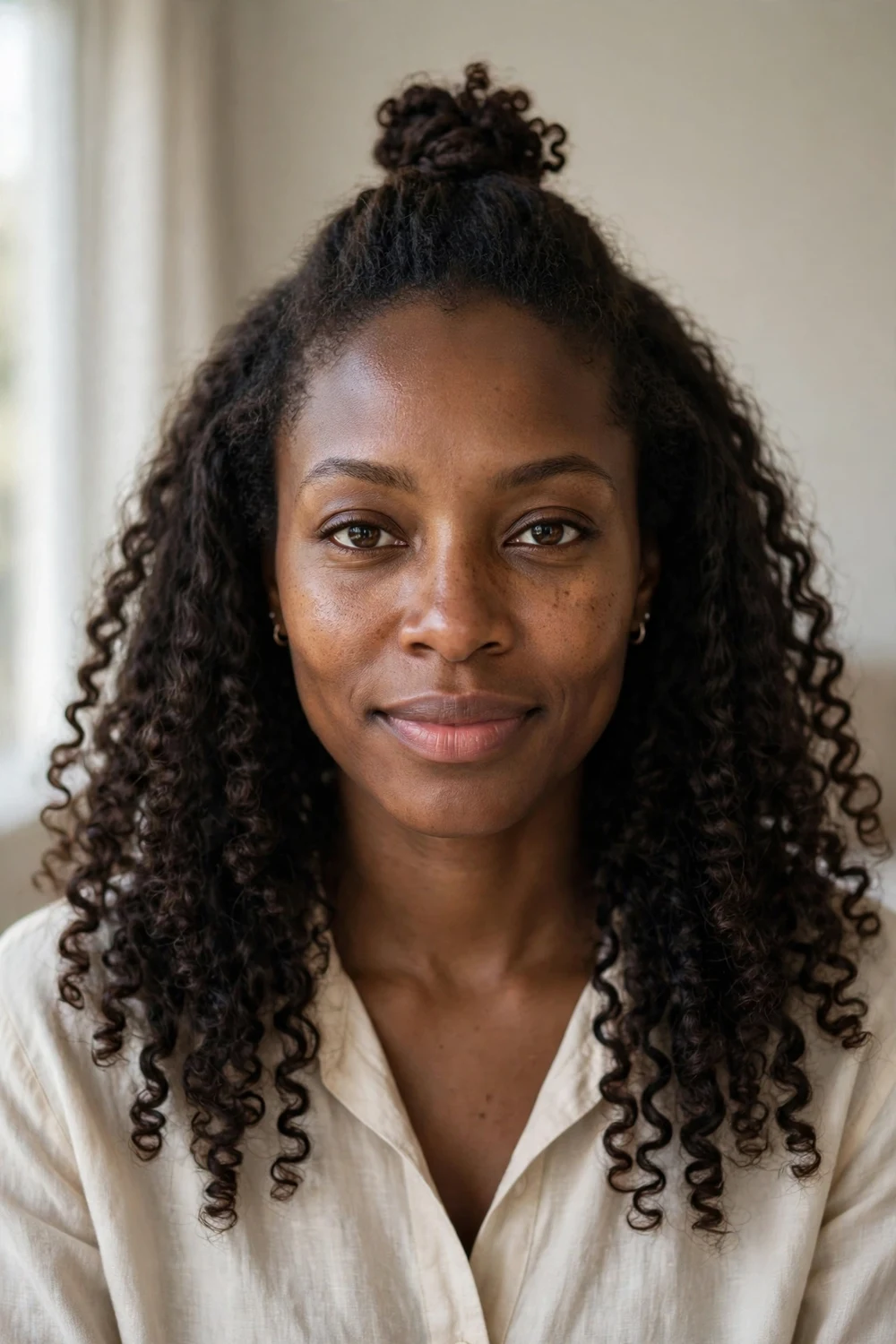 Black woman with a half-up half-down style on 4A natural hair