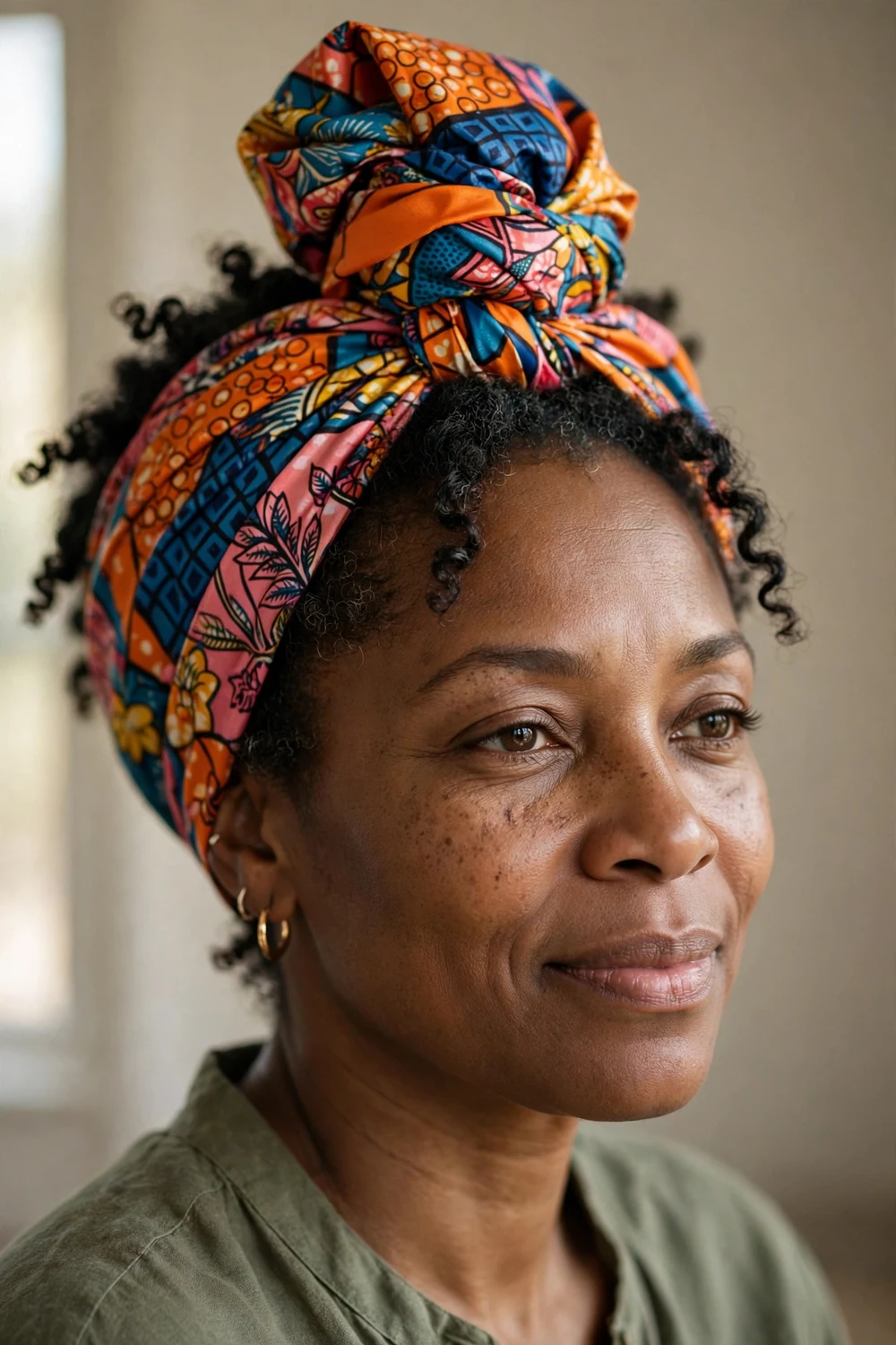 Black woman wearing a colorful silk headwrap with 4A hair