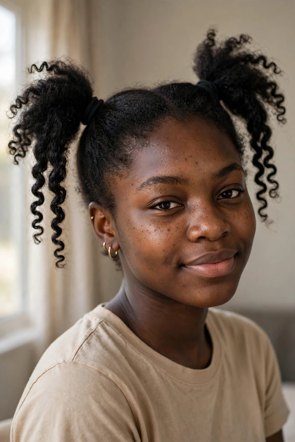 Black woman with two high pigtails with coily ends left out on 4A hair