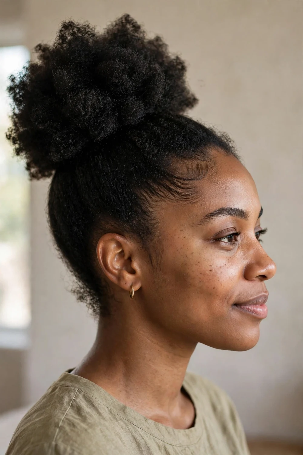 Black woman with 4A natural hair gathered into a large high puff