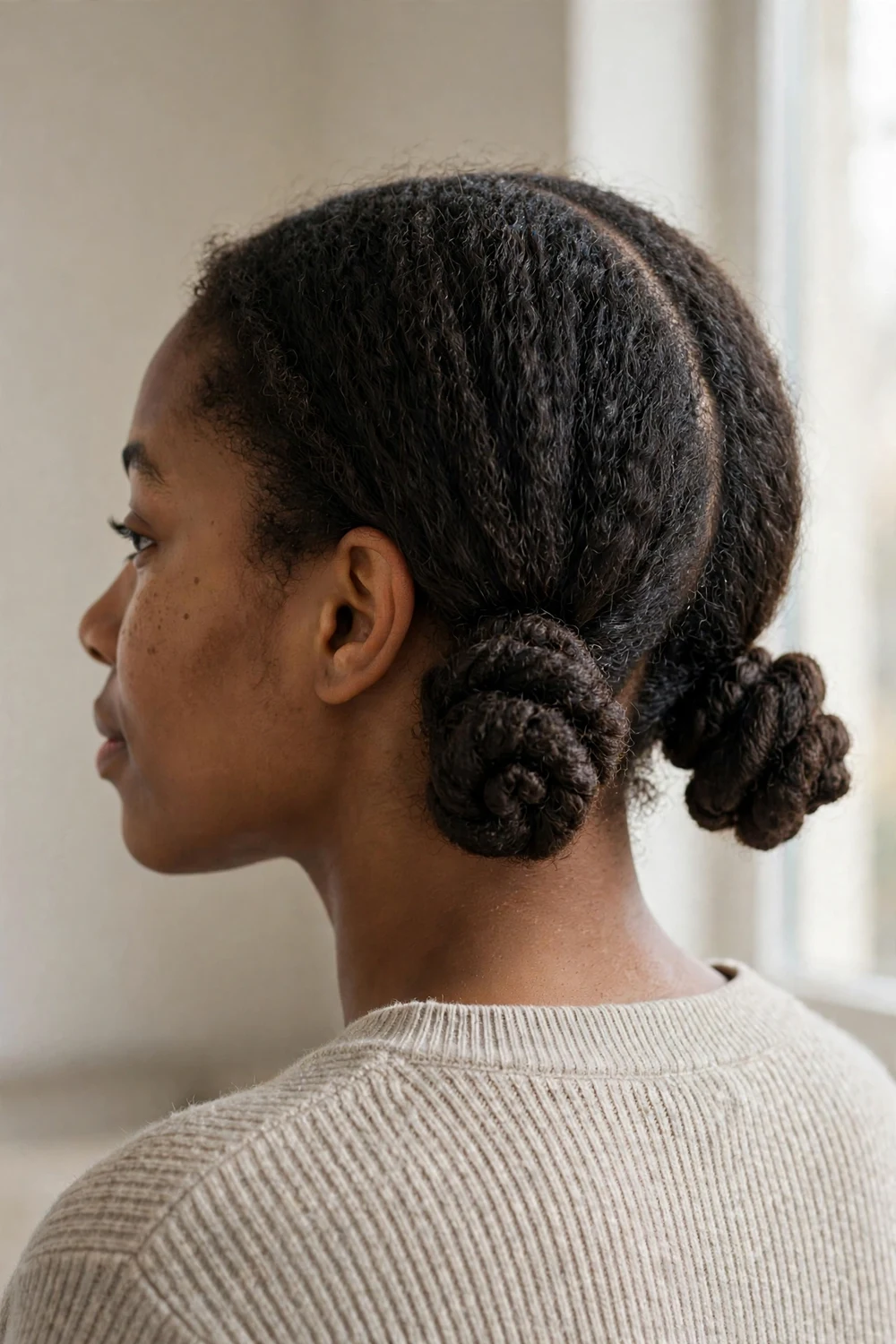 Black woman with two low twisted space buns on 4A natural hair