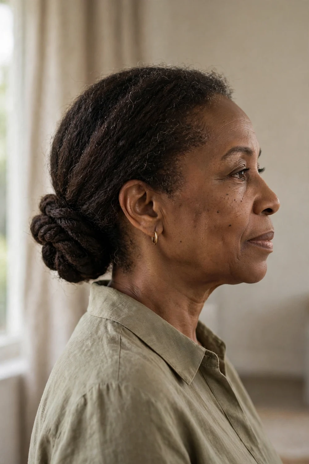 Black woman with an elegant low twisted bun on 4A natural hair