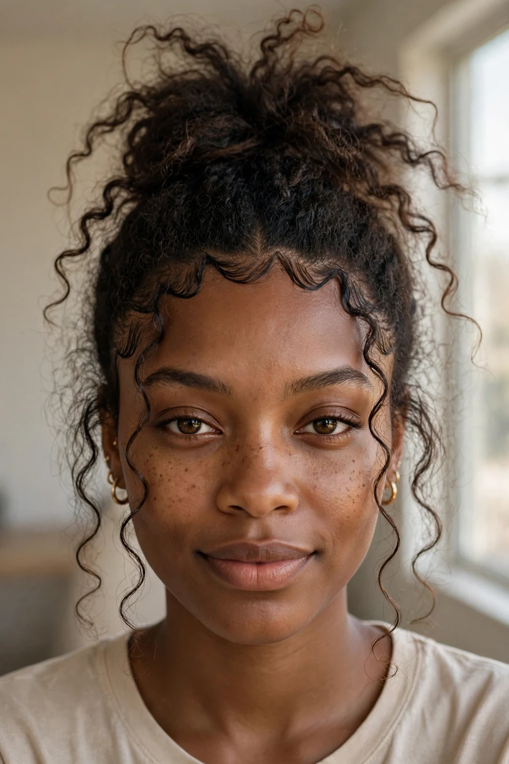 Black woman with a messy bun and zigzag part on 4A natural hair