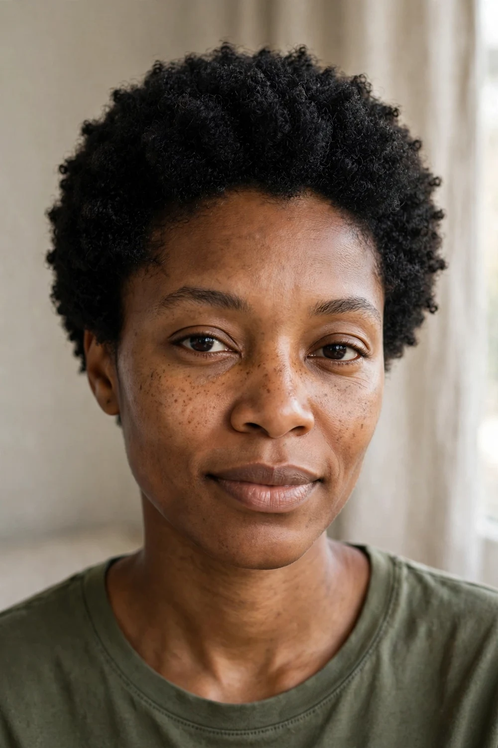 Black woman with a neat rounded mini afro showing 4A coil texture
