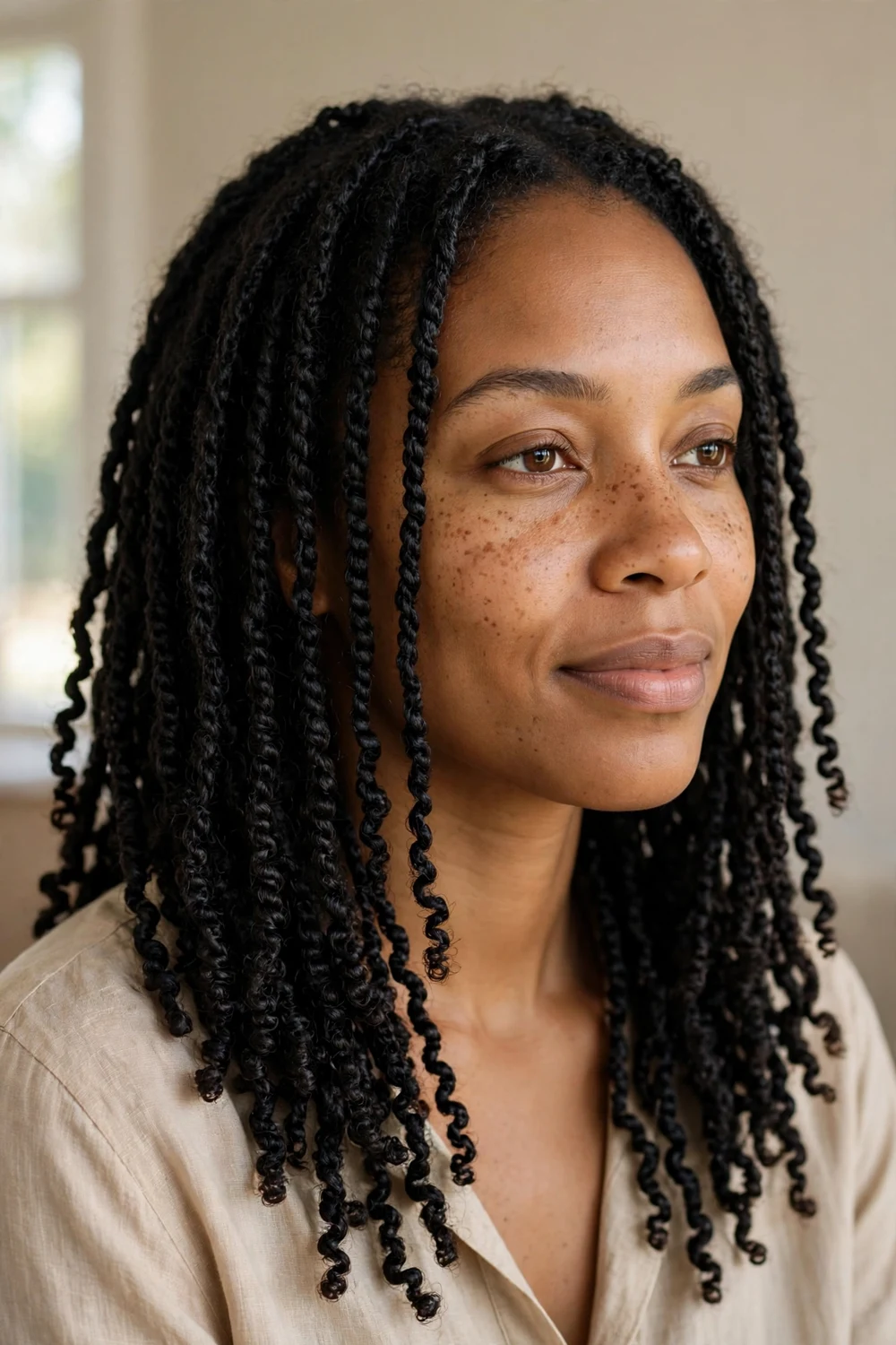 Black woman with small neat two-strand mini twists on 4A natural hair