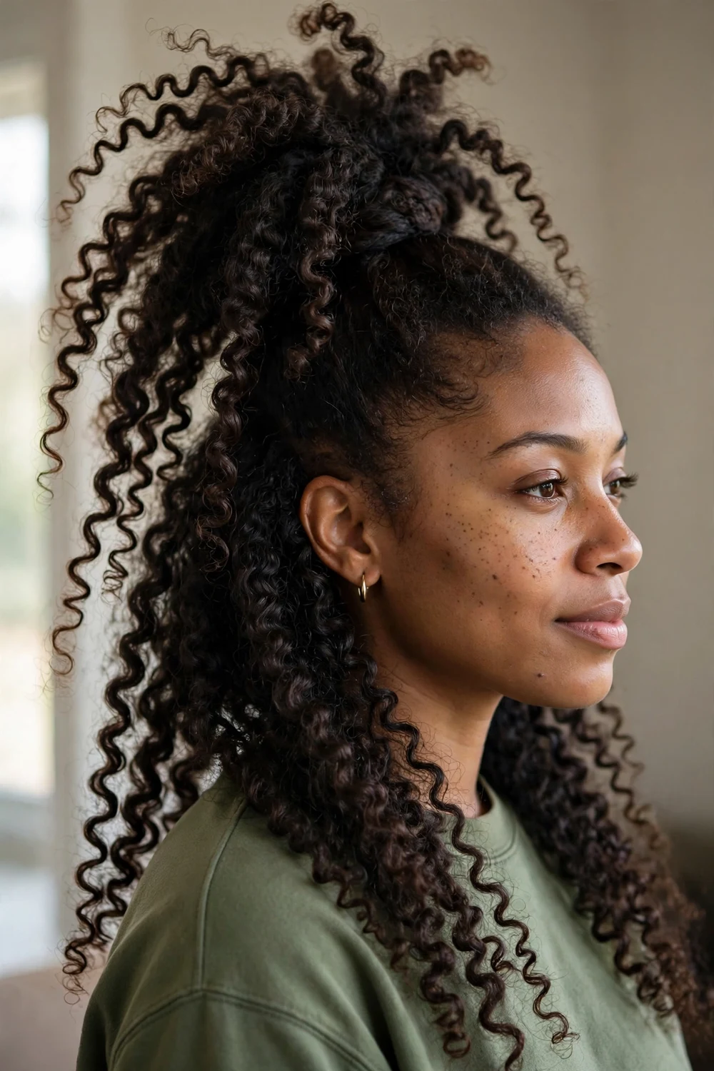 Black woman with 4A hair gathered in a high loose pineapple updo
