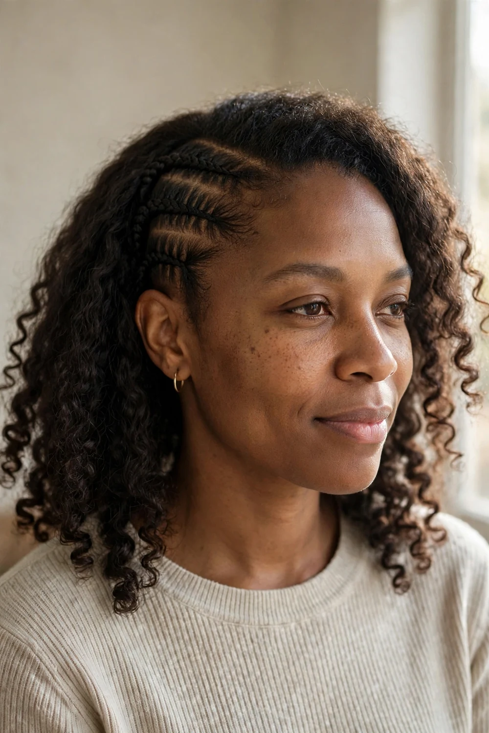 Black woman with a deep side part and cornrow accent braids on one side of 4A hair