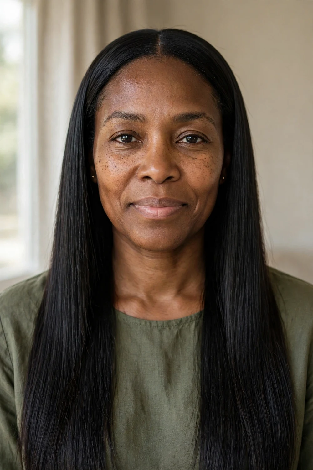 Black woman with a sleek silk press on 4A natural hair