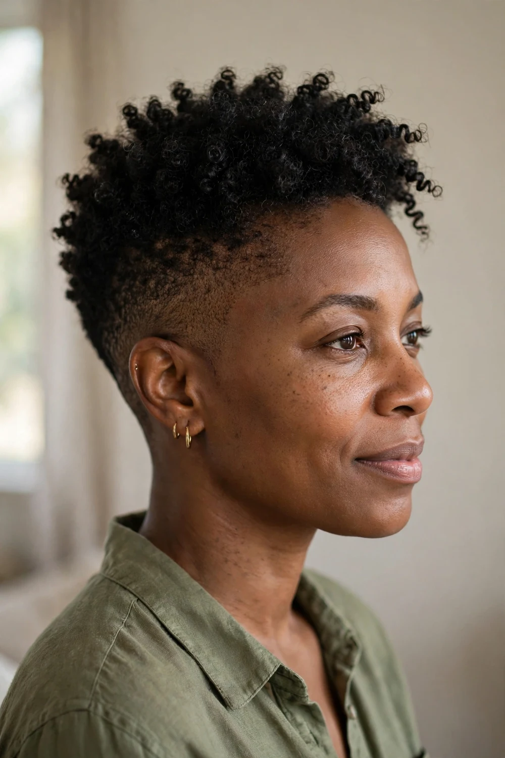 Black woman with a tapered haircut and defined 4A coils on top