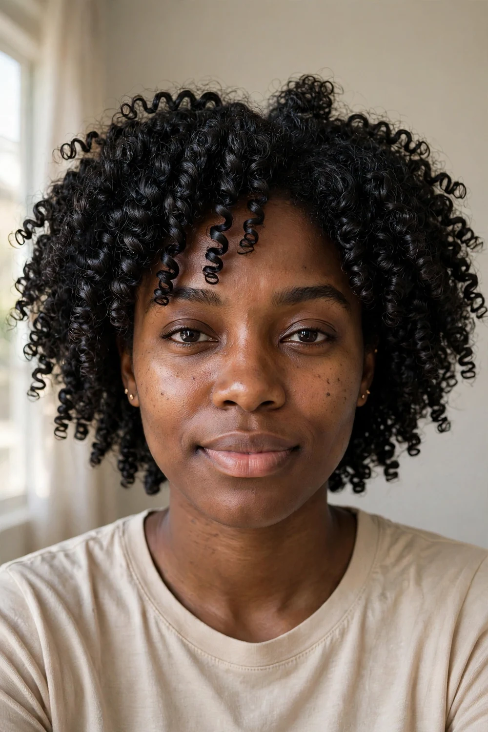 Black woman with a 4A wash and go showing defined glossy coils