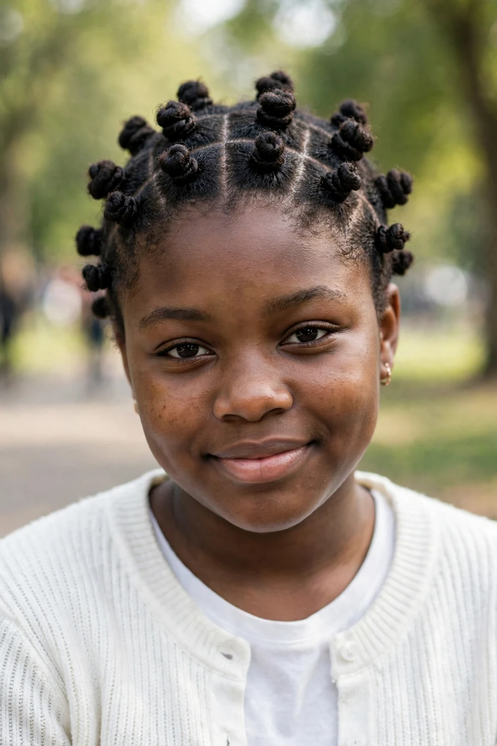 Black teenage girl with neat rows of small bantu knots on her 4c hair