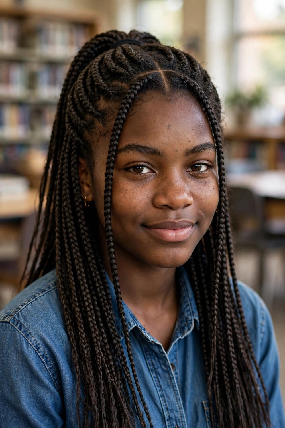 Black teenage girl with long box braids with a center part, worn half back from the face