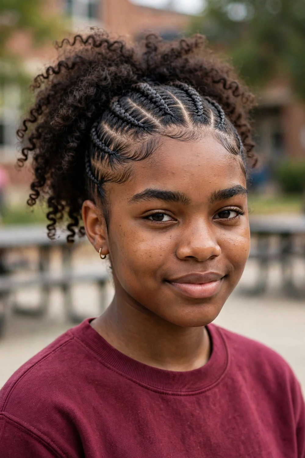Black teenage girl with cornrows feeding into a high ponytail of 4c coils