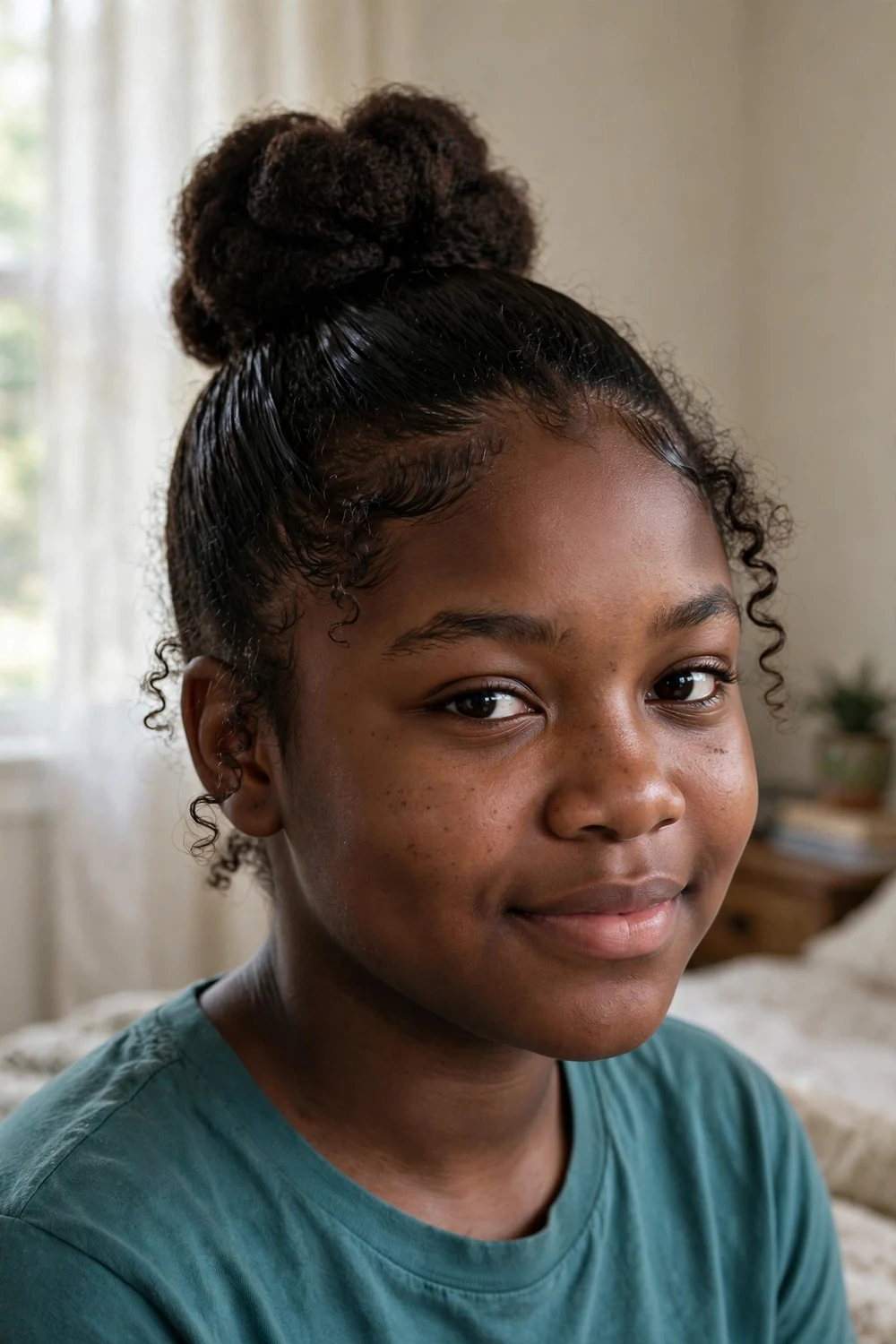 Black teenage girl with a classic high bun of 4c coily hair and smooth gelled edges