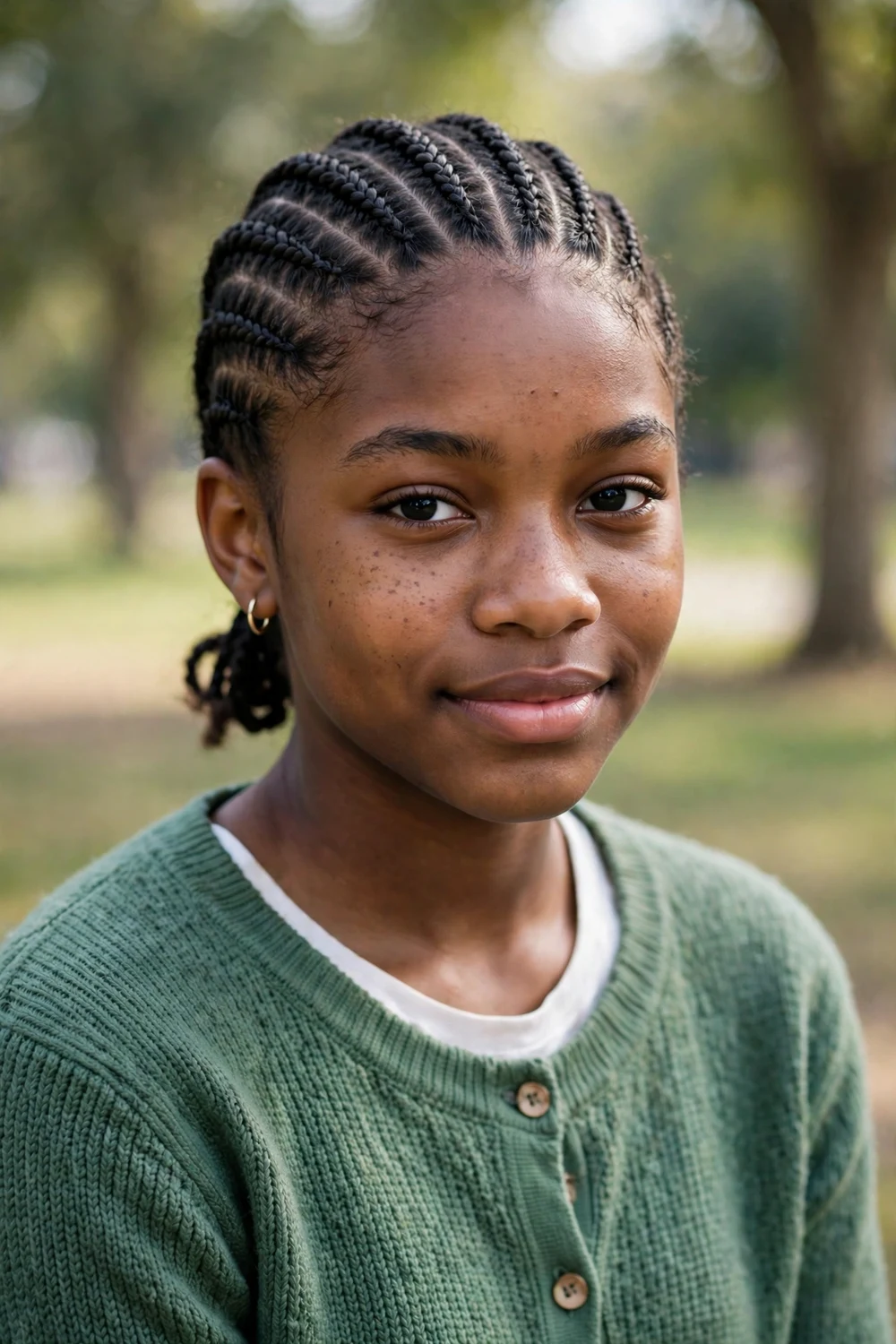 Black teenage girl with straight-back cornrows gathered into a small low ponytail