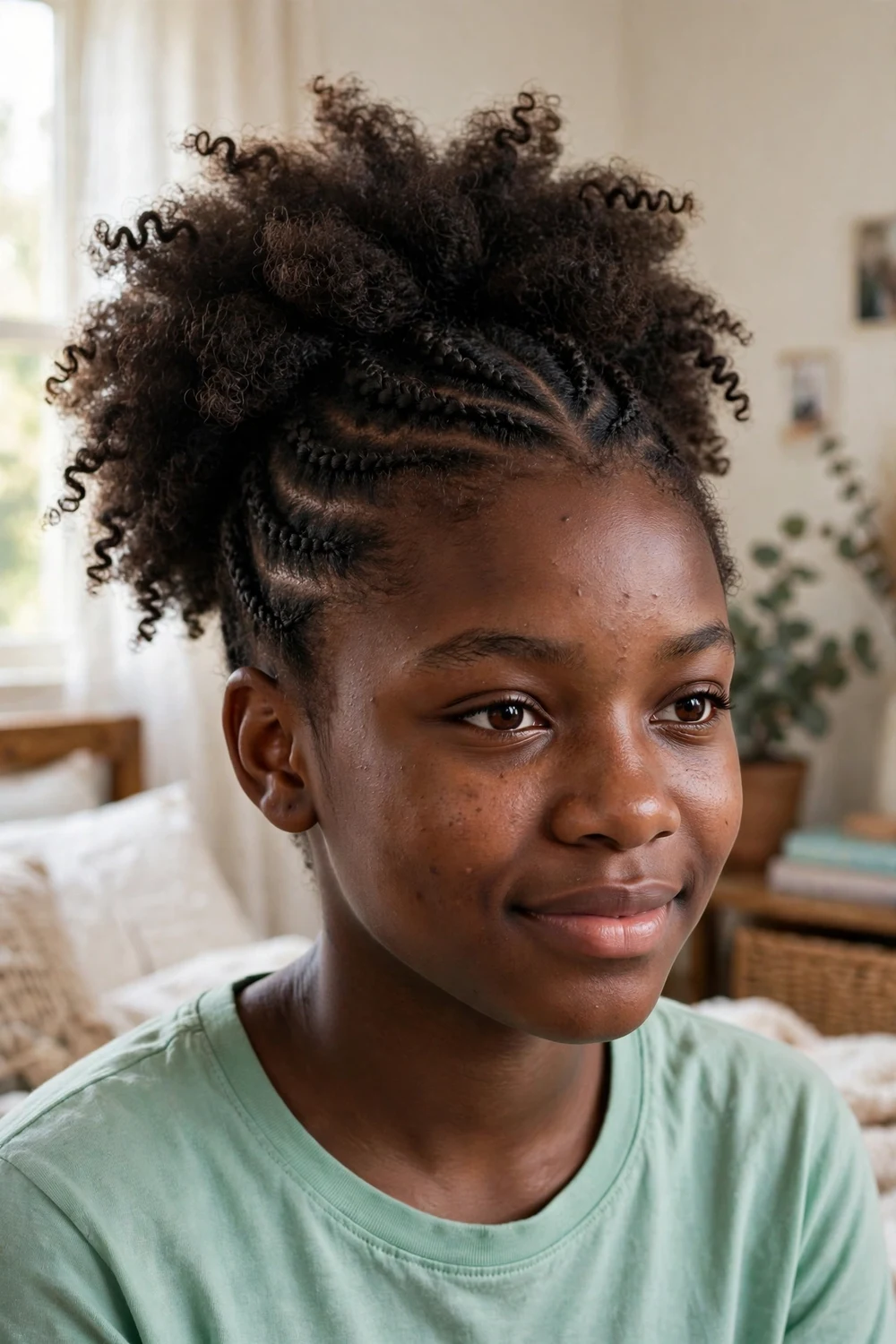 Black teenage girl with flat twists across the front merging into a soft puff of 4c coils
