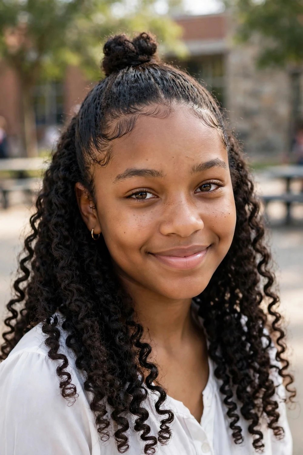 Black teenage girl with half-up half-down 4c hair, top knot and defined coils left down