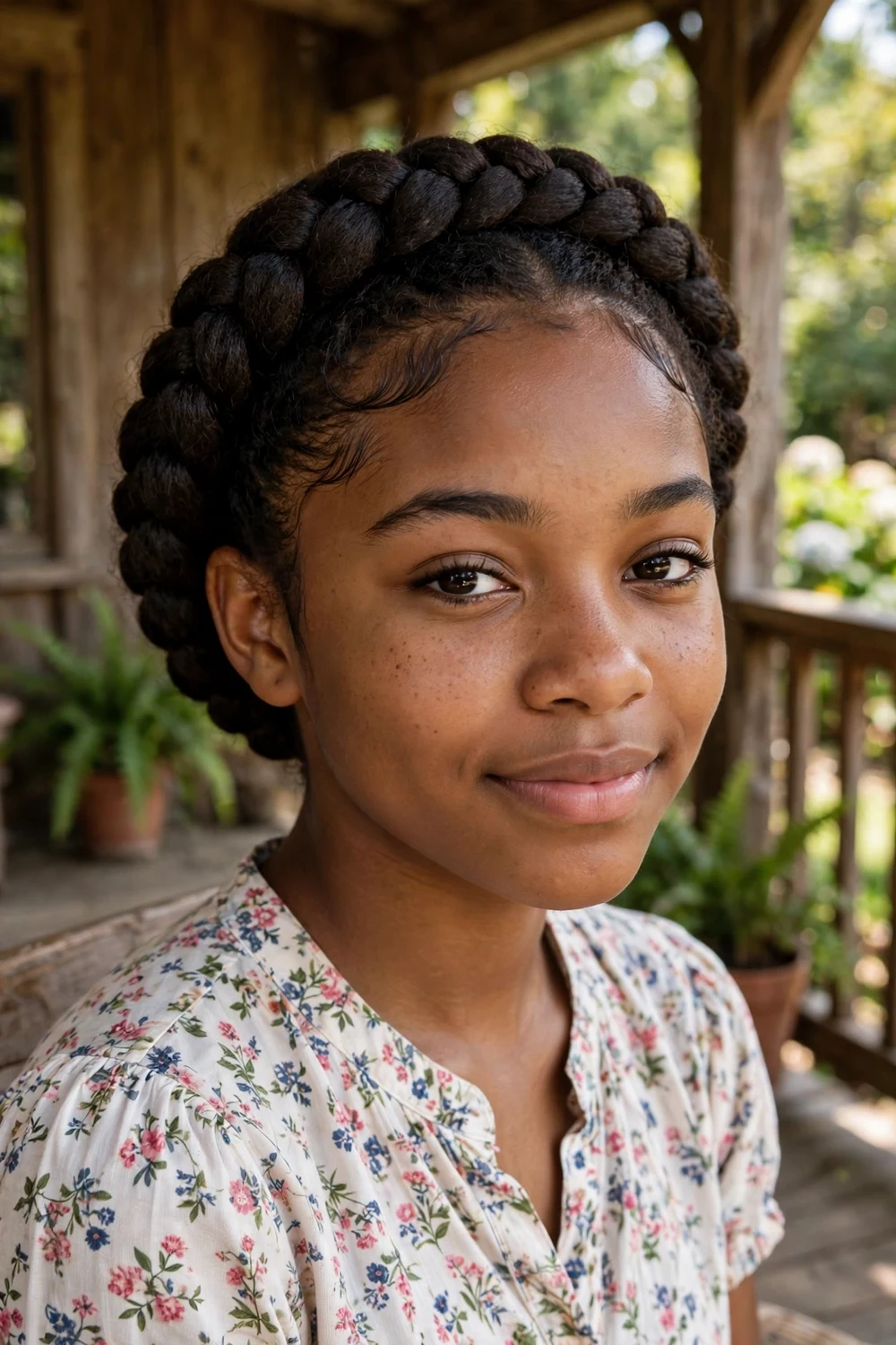 Black teenage girl with a halo crown braid circling her head and smoothed edges