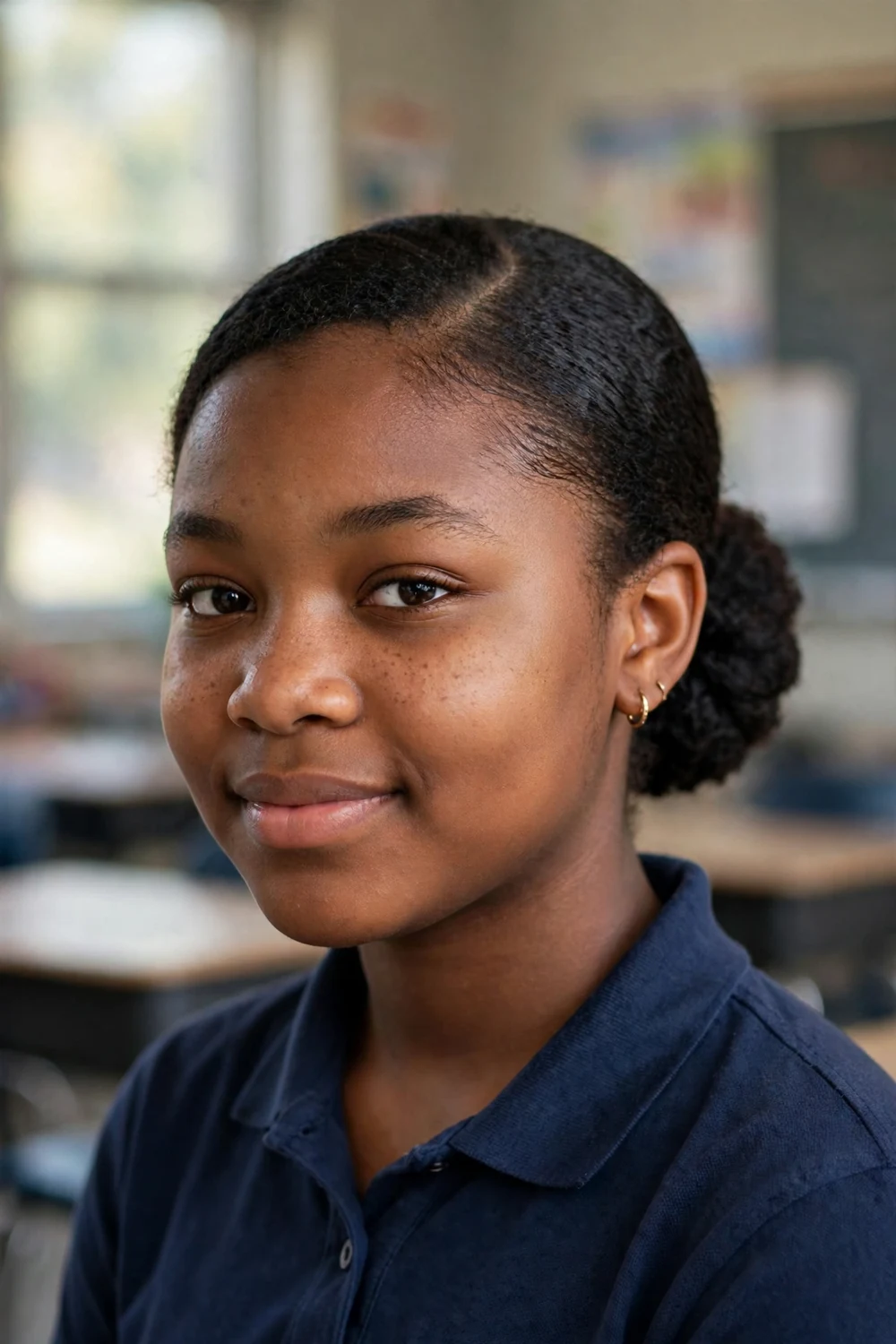 Black teenage girl with a neat low bun at the nape and a side part on 4c hair