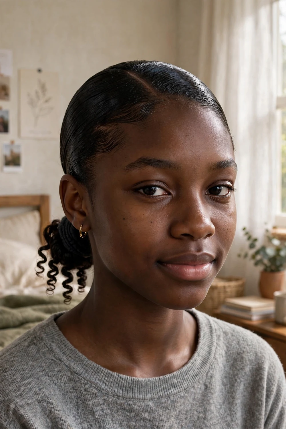 Black teenage girl with a low sleek ponytail, side part and laid edges on 4c hair