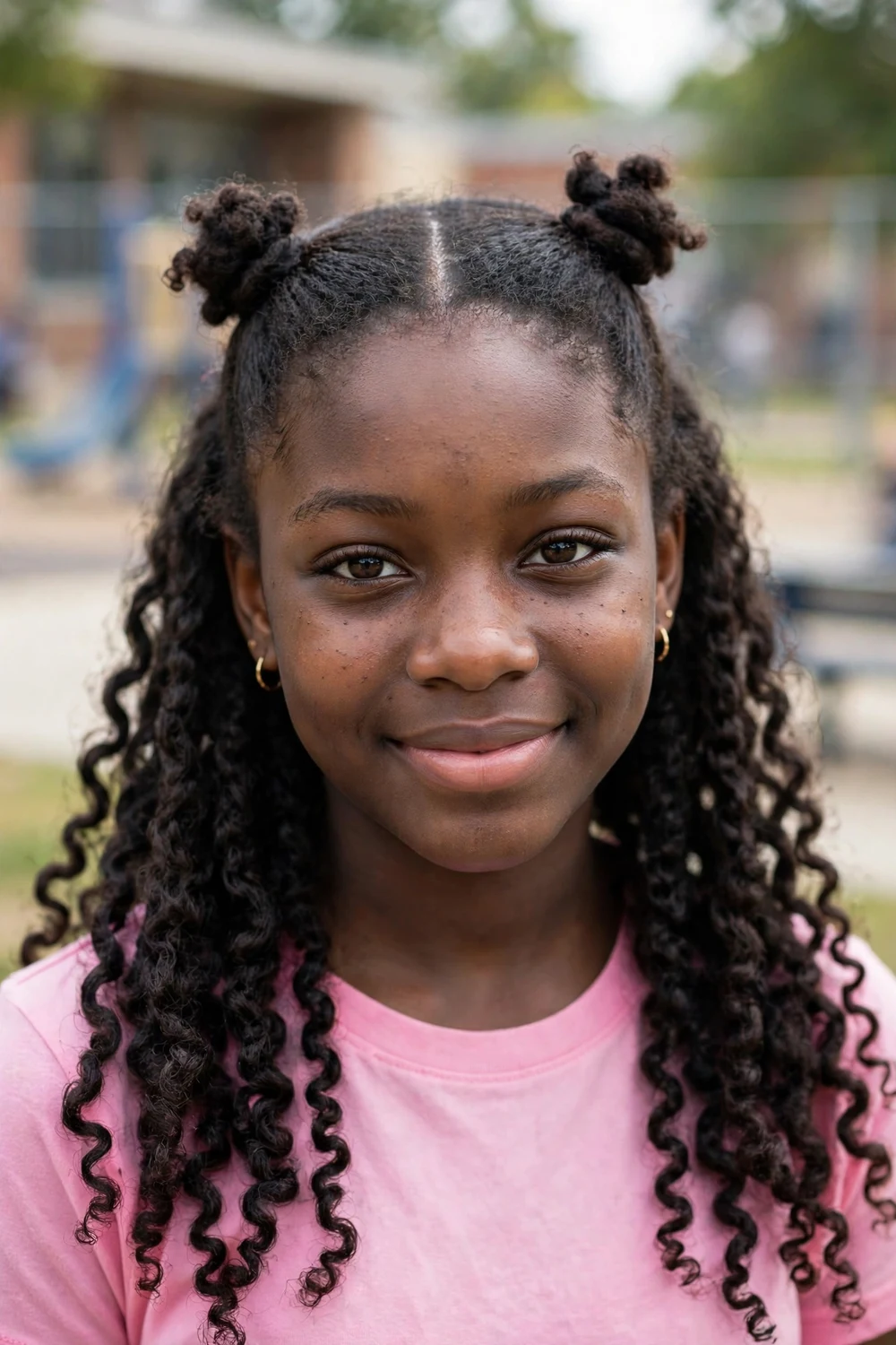 Black teenage girl with two mini space buns on a center part and coils left down at the back