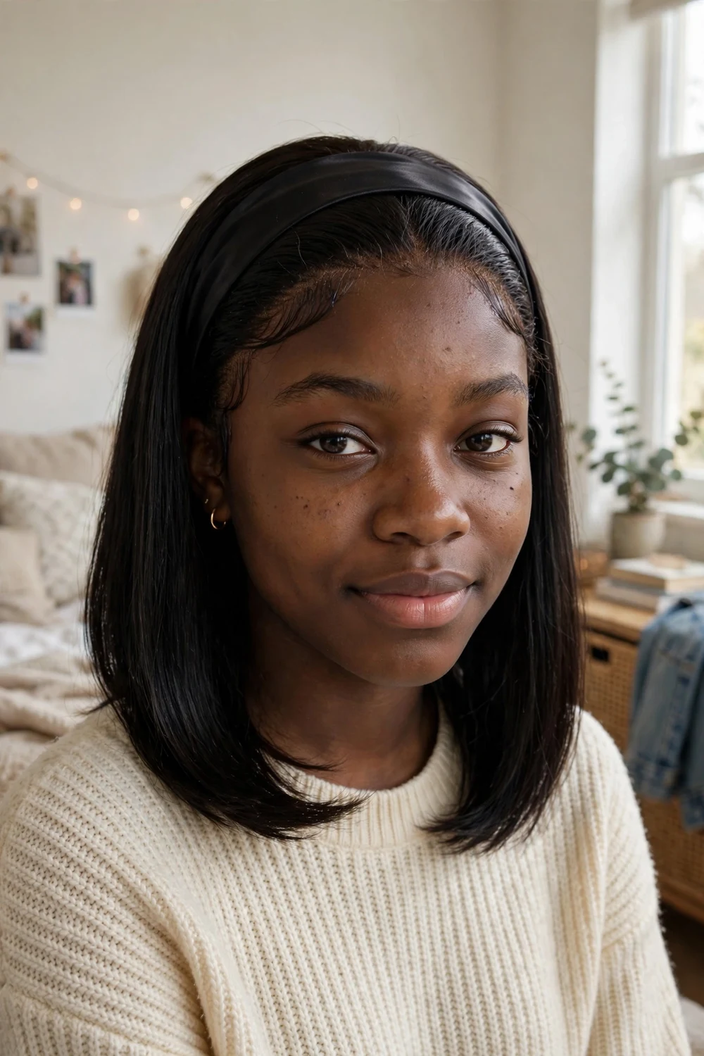 Black teenage girl wearing a natural half wig with a satin headband showing her smooth edges
