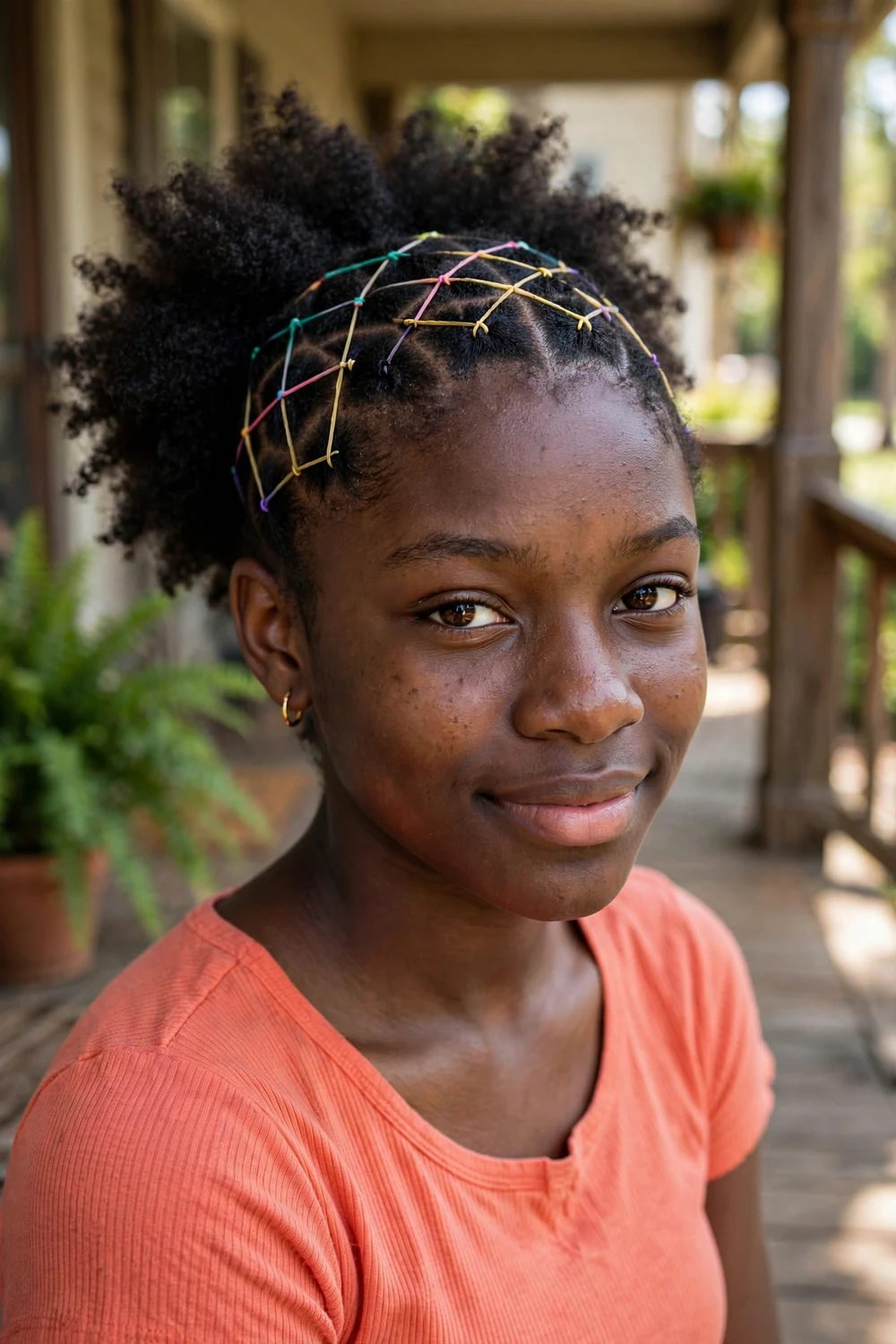 Black teenage girl with rubber band criss-cross pattern sections and a back puff of 4c hair