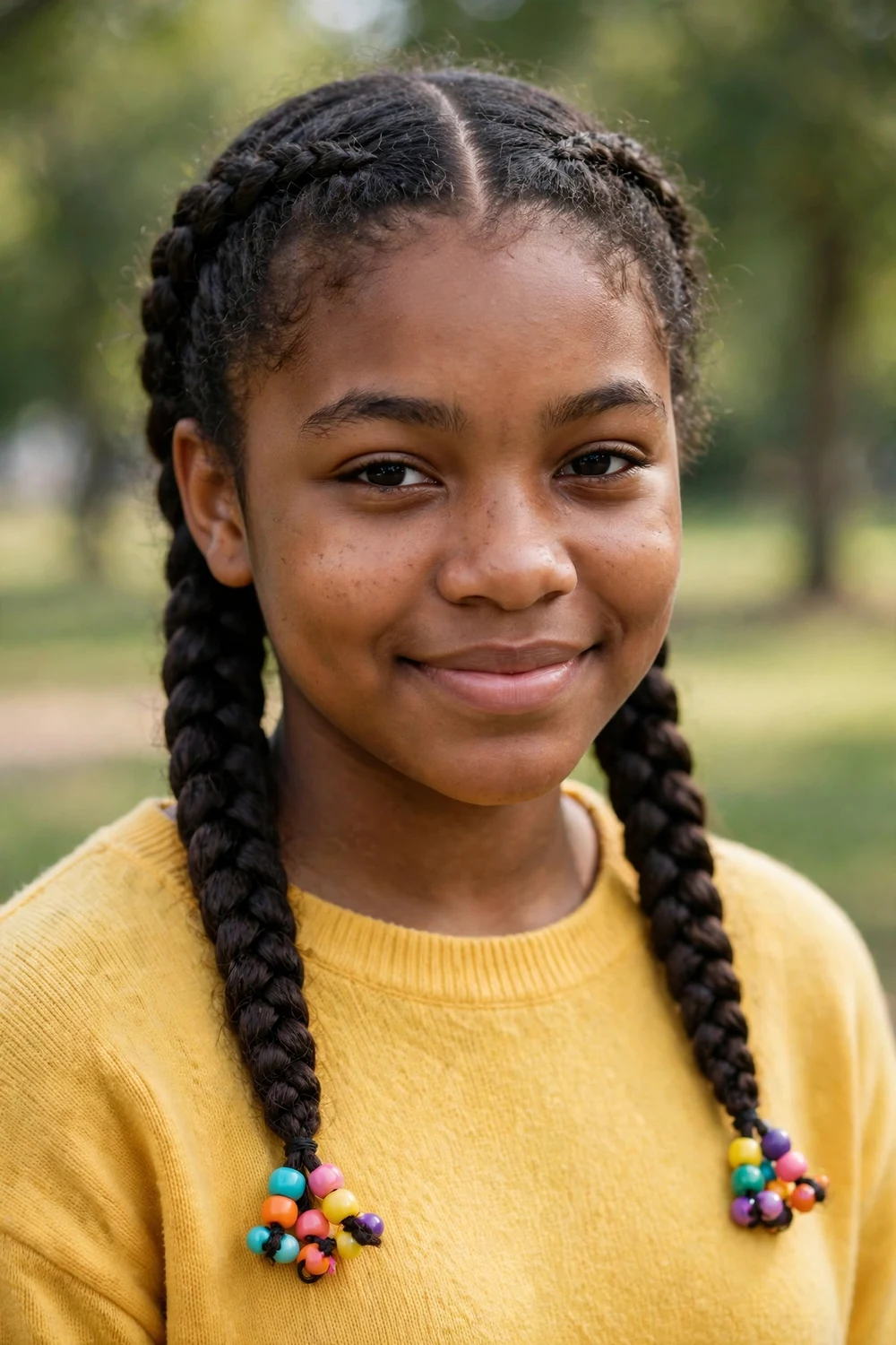 Black teenage girl with two neat braids and a center part, small beads on the ends