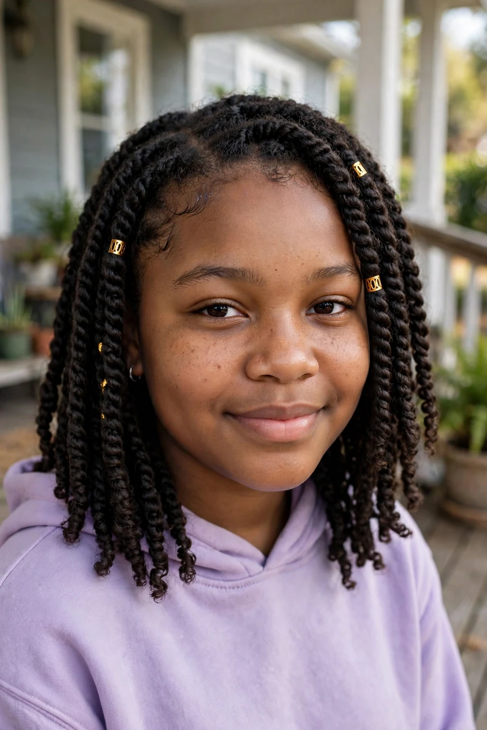 Black teenage girl with shoulder-length two-strand twists and small gold cuffs near the front