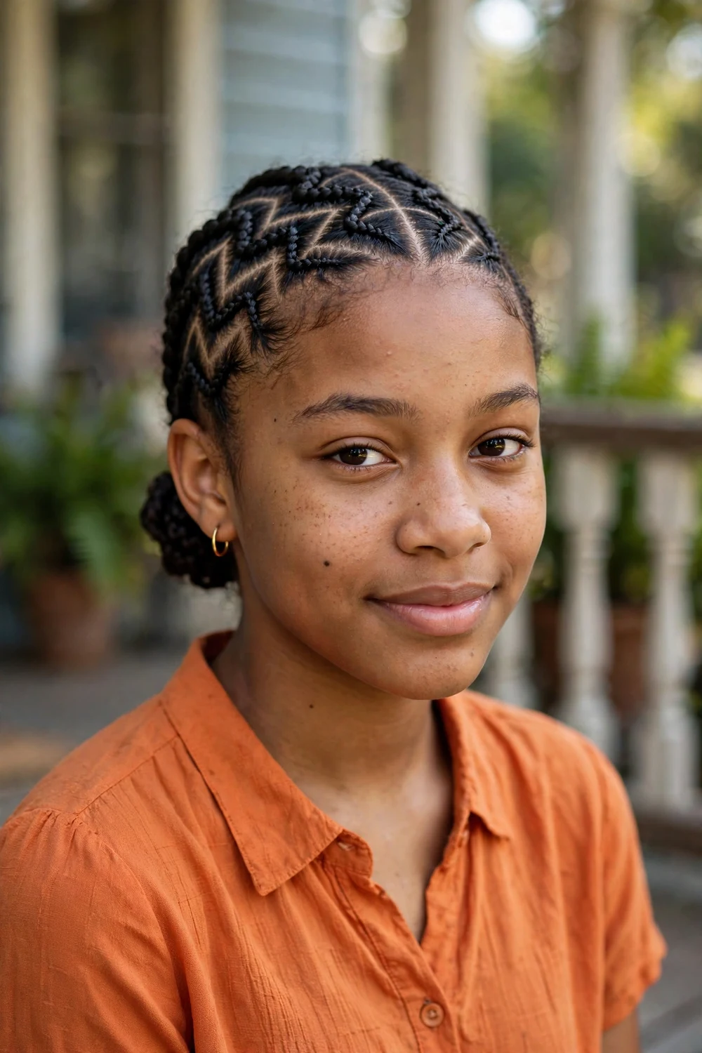 Black teenage girl with cornrows following zigzag partings, finished into a low bun