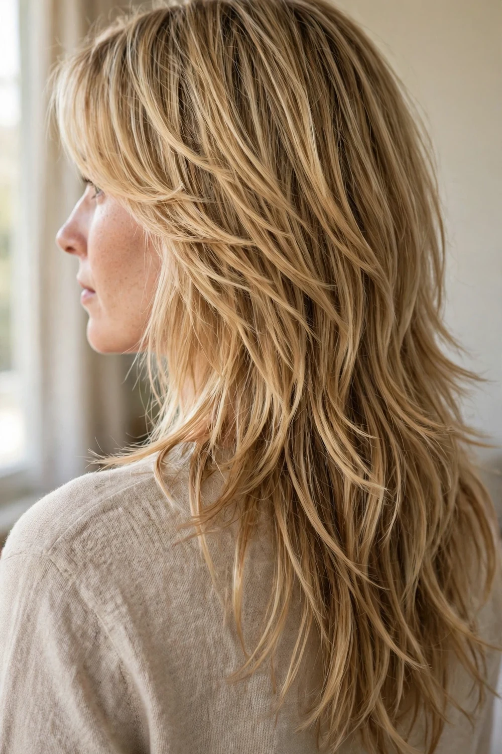 Woman with blonde long shag haircut with soft layers