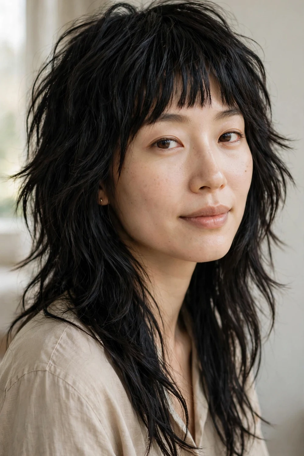 Woman with textured long shag haircut with blunt bangs