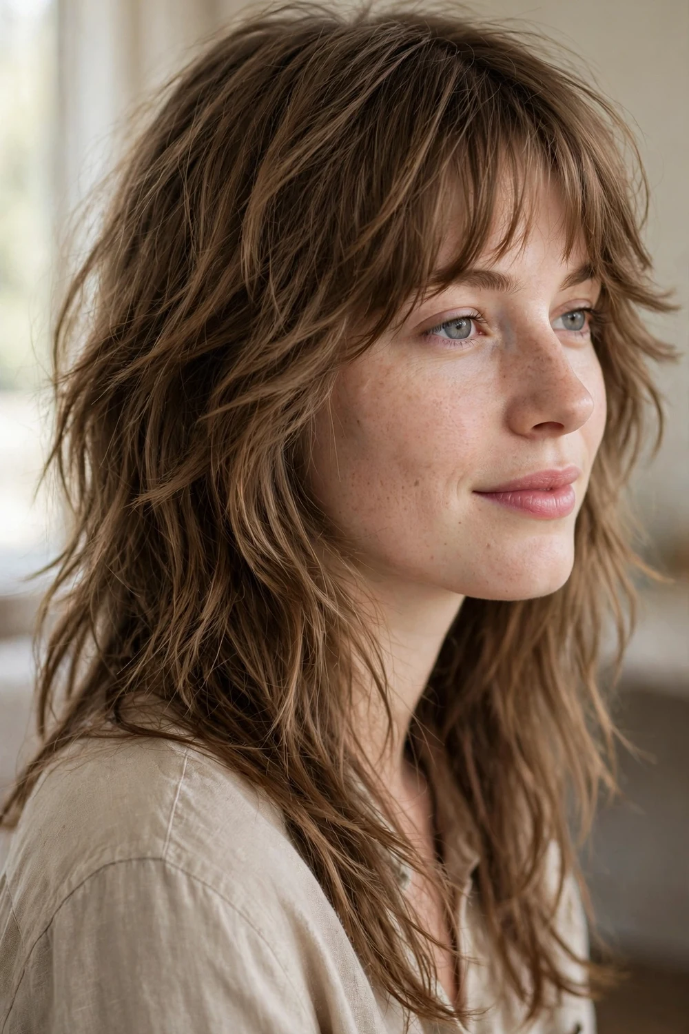 Woman with long shag haircut with butterfly bangs
