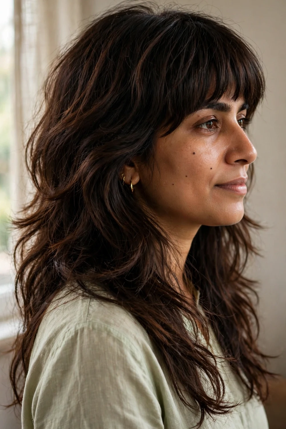 Woman with voluminous chocolate brown shag haircut with full bangs