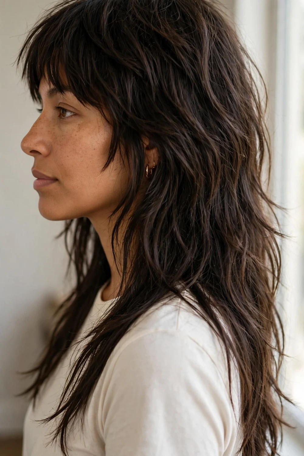 Woman with long shag haircut with choppy bangs