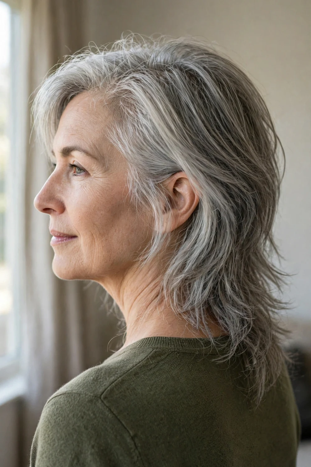 Woman with choppy long shag haircut without bangs