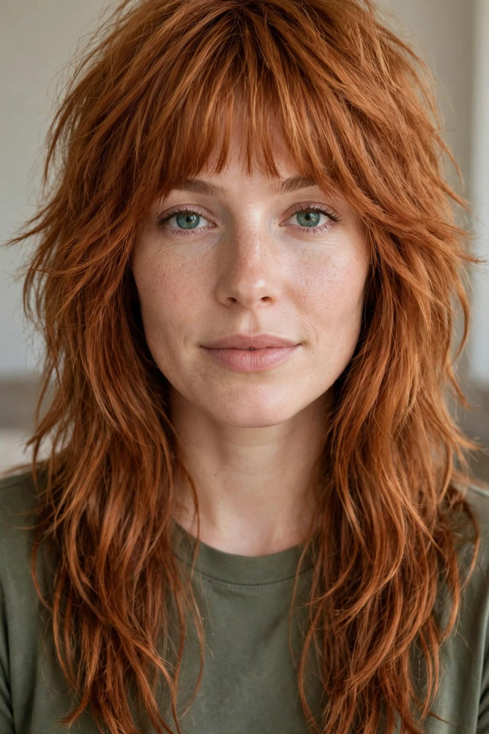 Woman with long copper shag haircut with full fringe