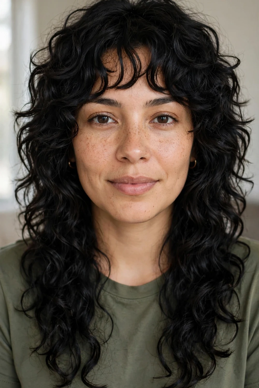 Woman with curly shag haircut with defined layers